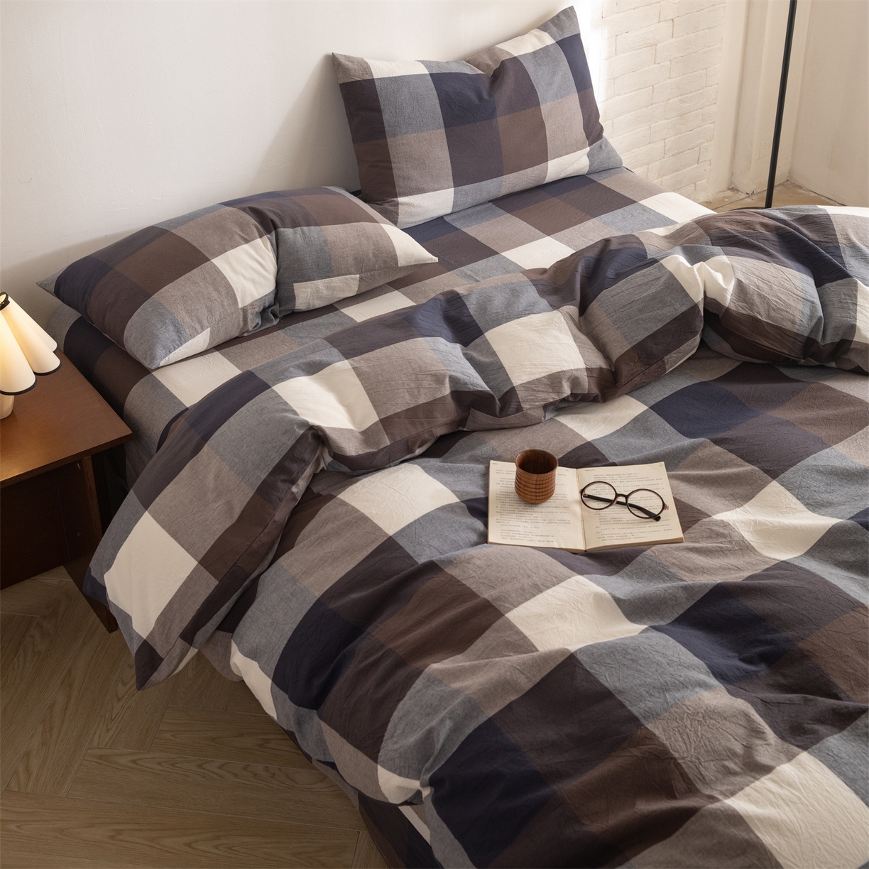 91家纺网 家纺一手货源 找家纺 棉小二 2026新款全棉色织水洗棉四件套-暮色格韵 暮色格韵蓝-千鸟格灰