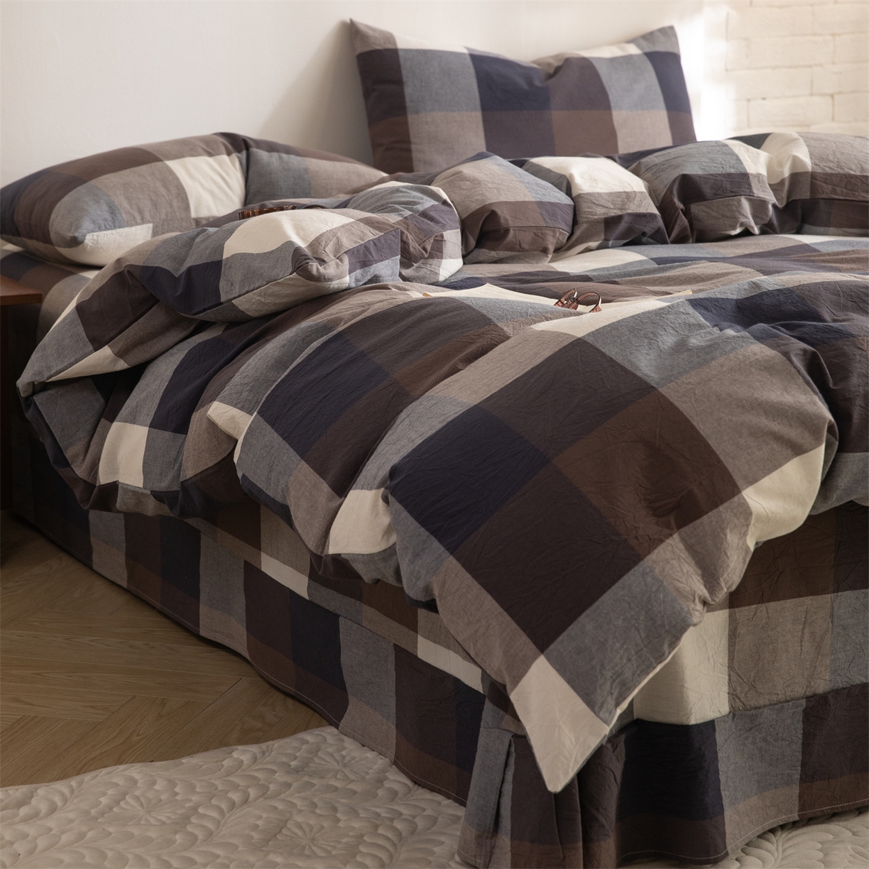 91家纺网 家纺一手货源 找家纺 棉小二 2026新款全棉色织水洗棉四件套-暮色格韵 暮色格韵蓝-千鸟格灰