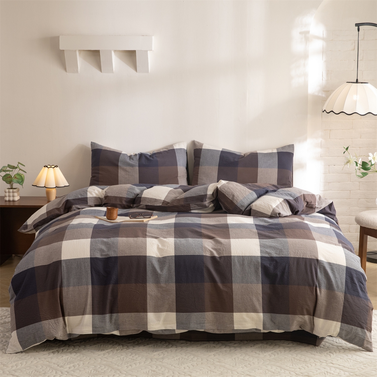 棉小二 2026新款全棉色织水洗棉四件套-暮色格韵 暮色格韵蓝-千鸟格灰