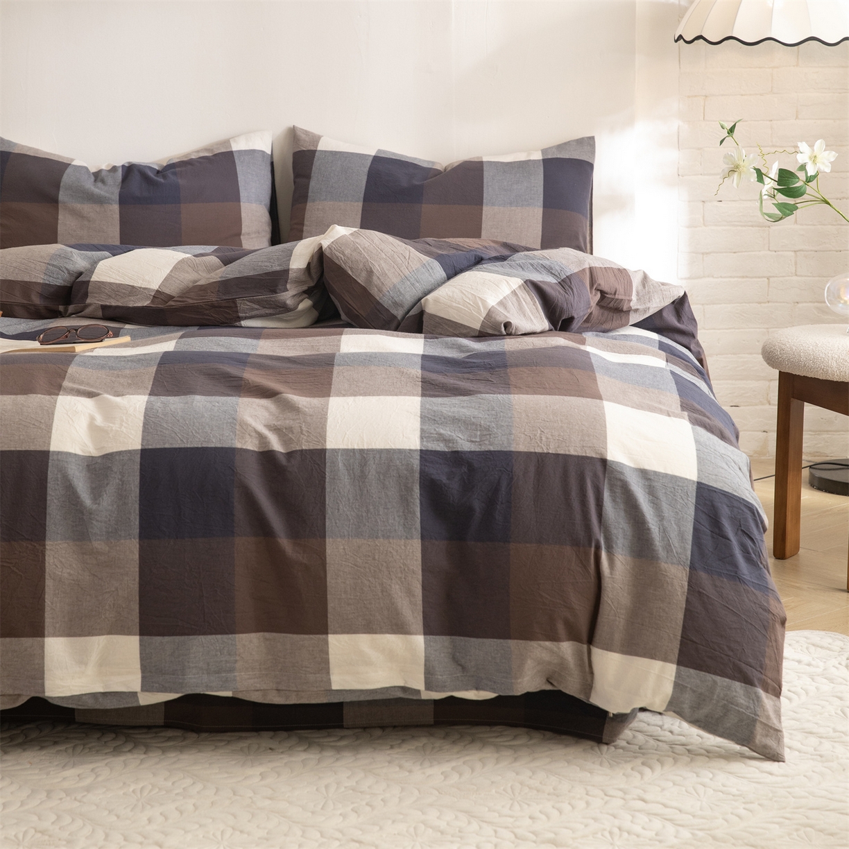 91家纺网 家纺一手货源 找家纺 棉小二 2026新款全棉色织水洗棉四件套-暮色格韵 暮色格韵蓝-千鸟格灰