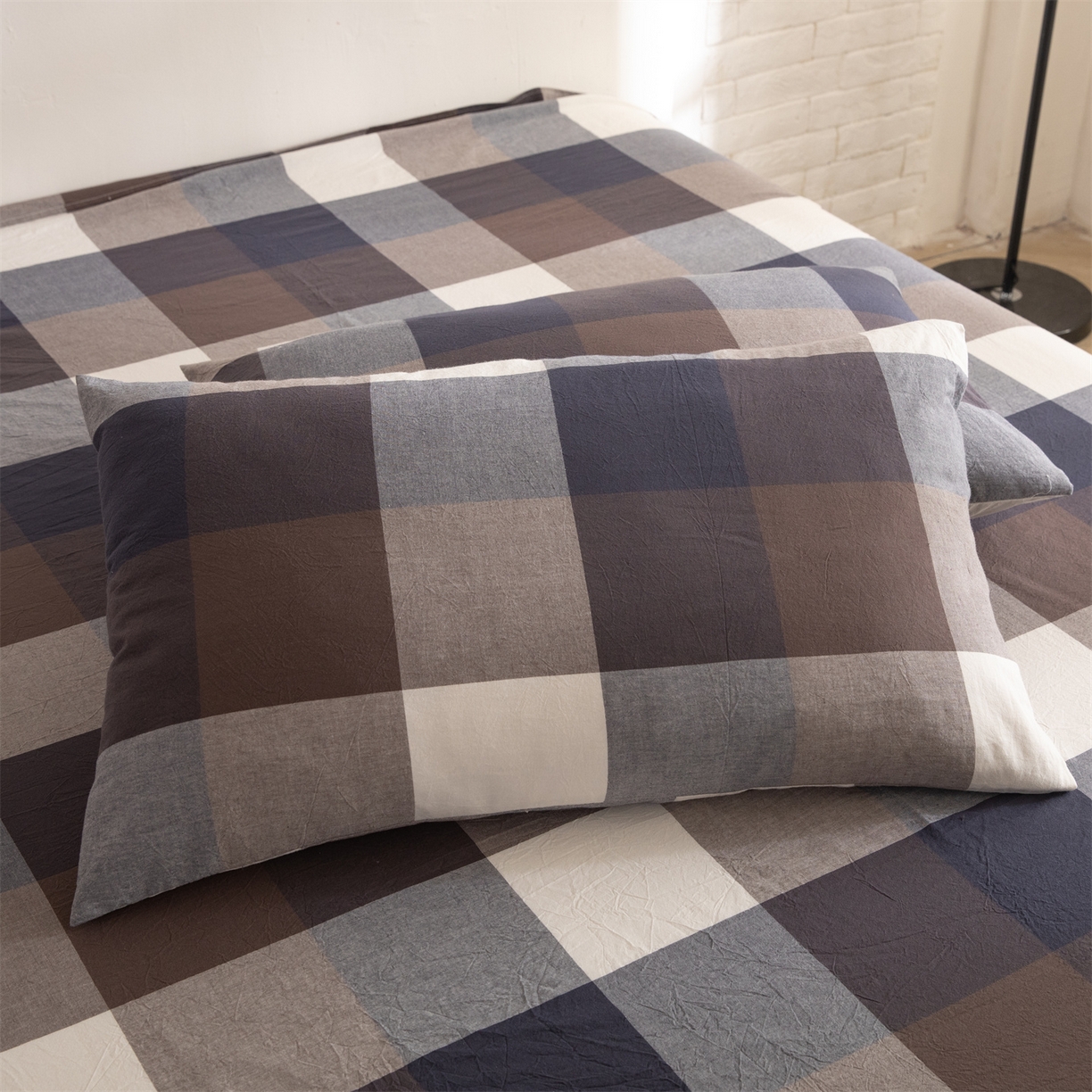 91家纺网 家纺一手货源 找家纺 棉小二 2026新款全棉色织水洗棉四件套-暮色格韵 暮色格韵蓝-千鸟格灰