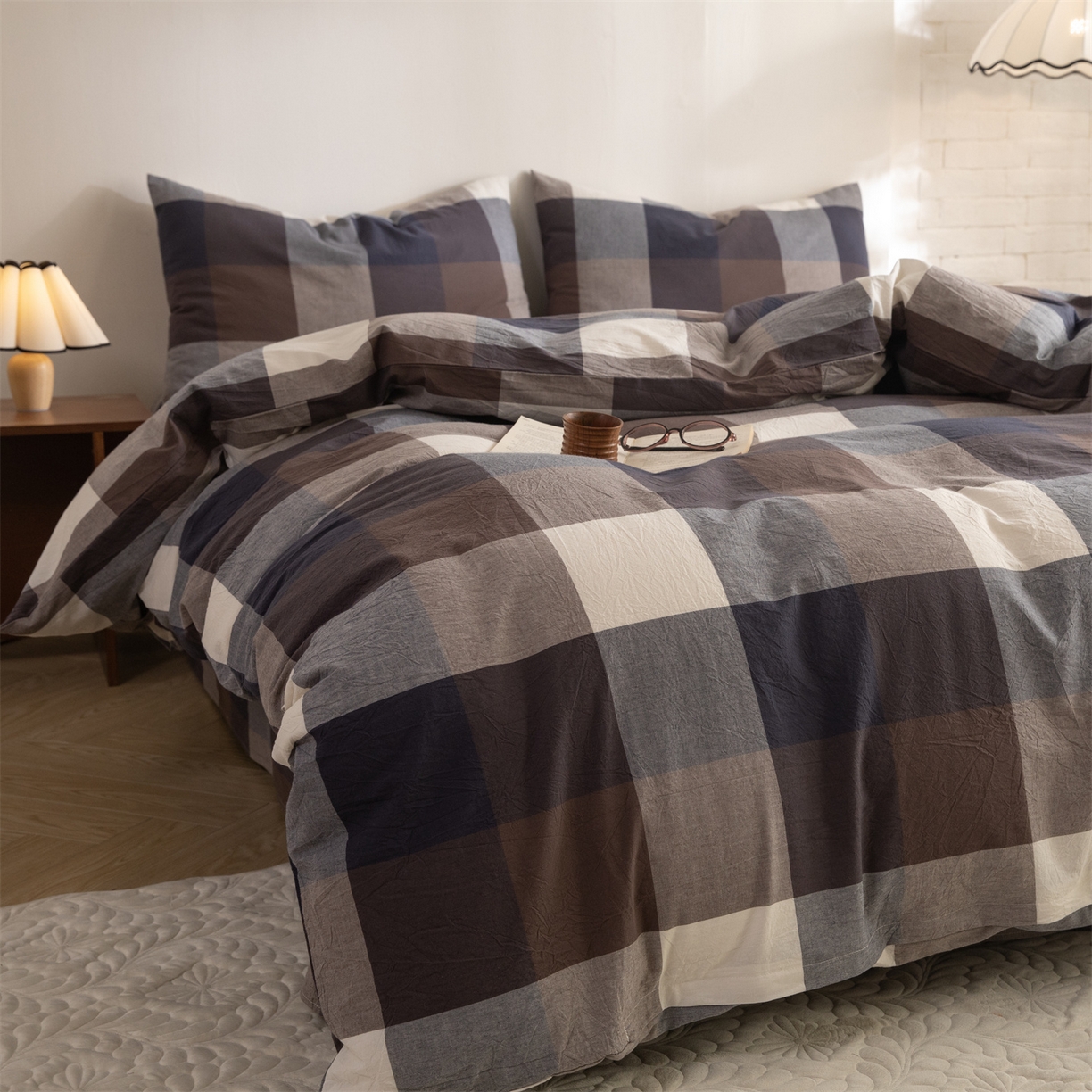 91家纺网 家纺一手货源 找家纺 棉小二 2026新款全棉色织水洗棉四件套-暮色格韵 暮色格韵蓝-千鸟格灰