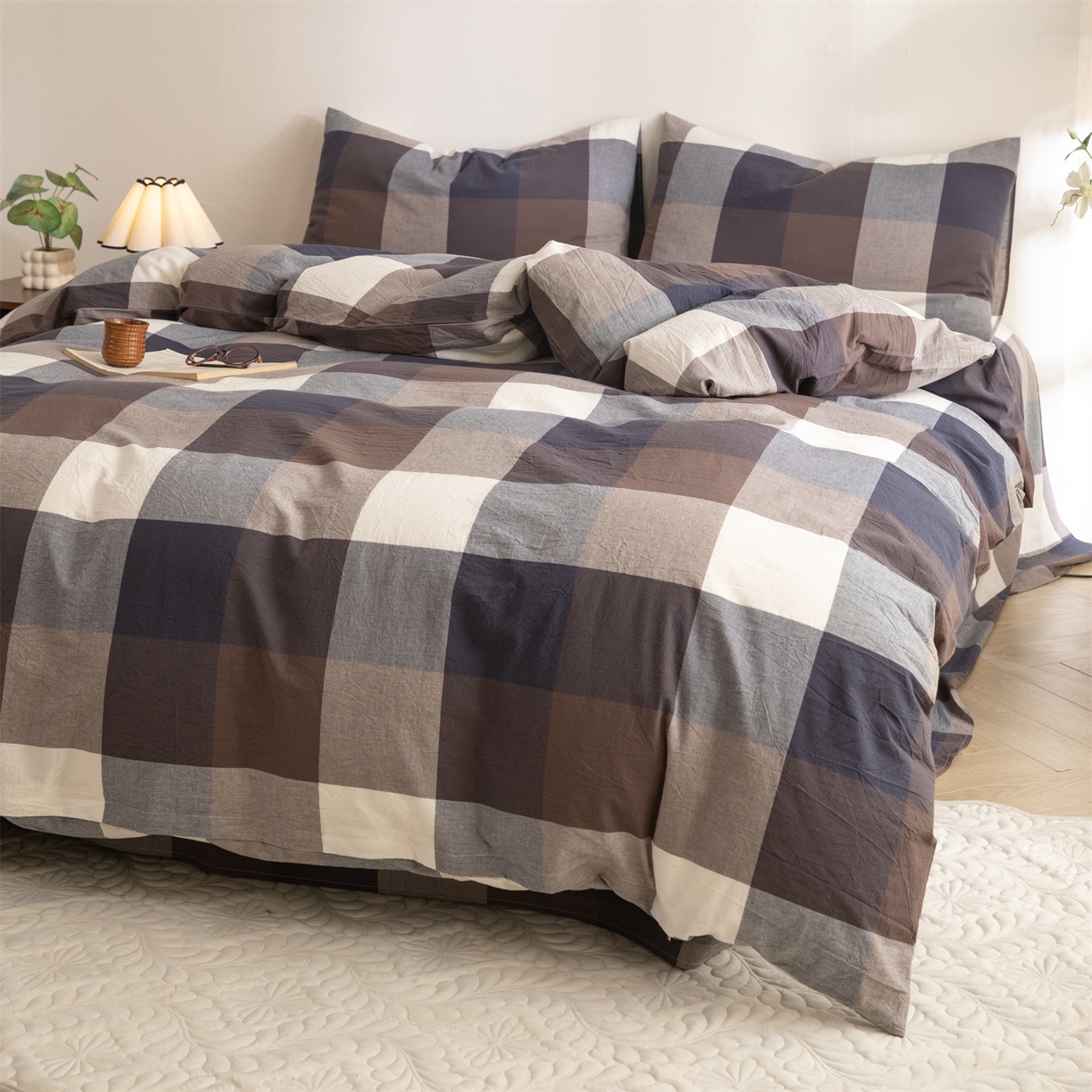 91家纺网 家纺一手货源 找家纺 棉小二 2026新款全棉色织水洗棉四件套-暮色格韵 暮色格韵蓝-千鸟格灰