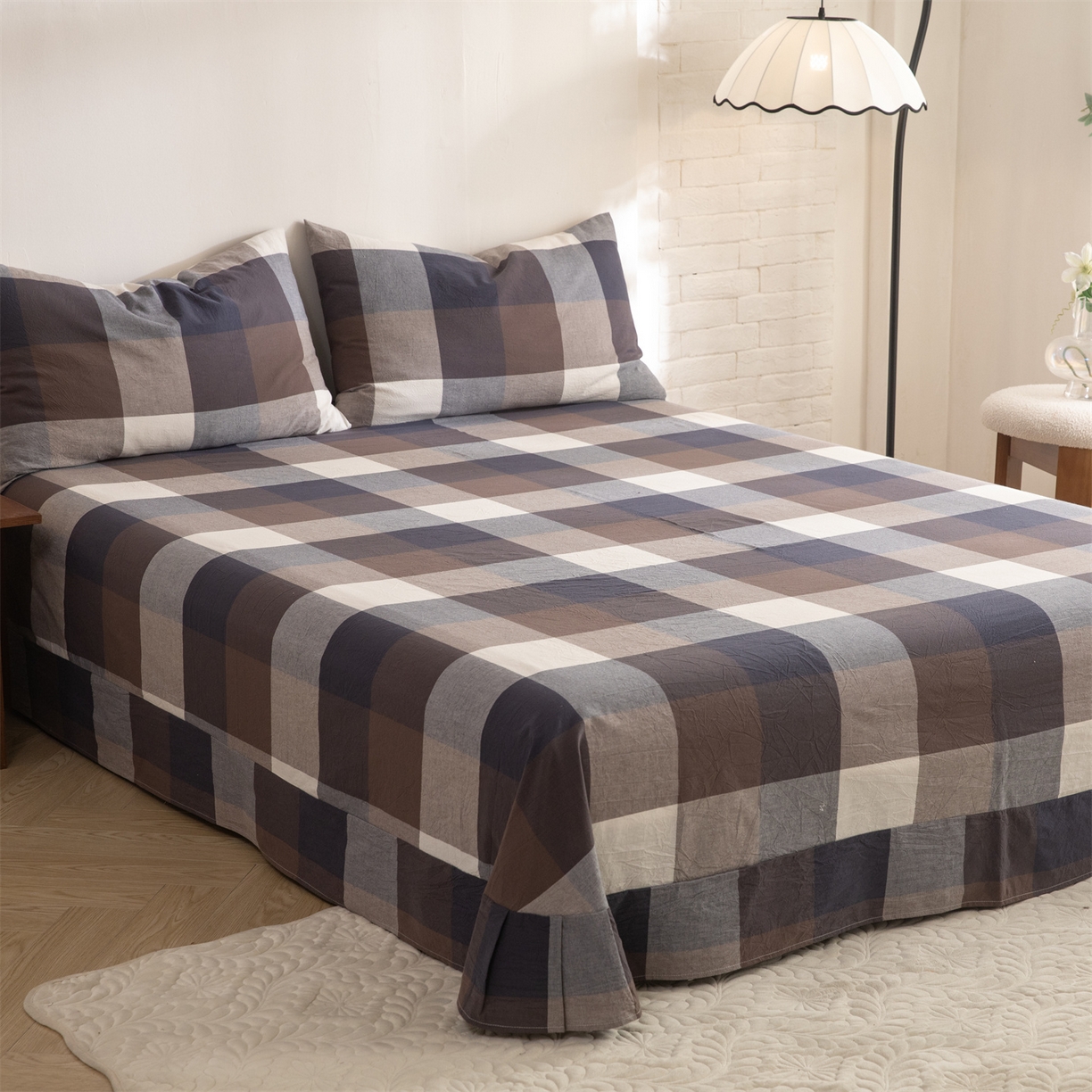 91家纺网 家纺一手货源 找家纺 棉小二 2026新款全棉色织水洗棉四件套-暮色格韵 暮色格韵蓝-千鸟格灰