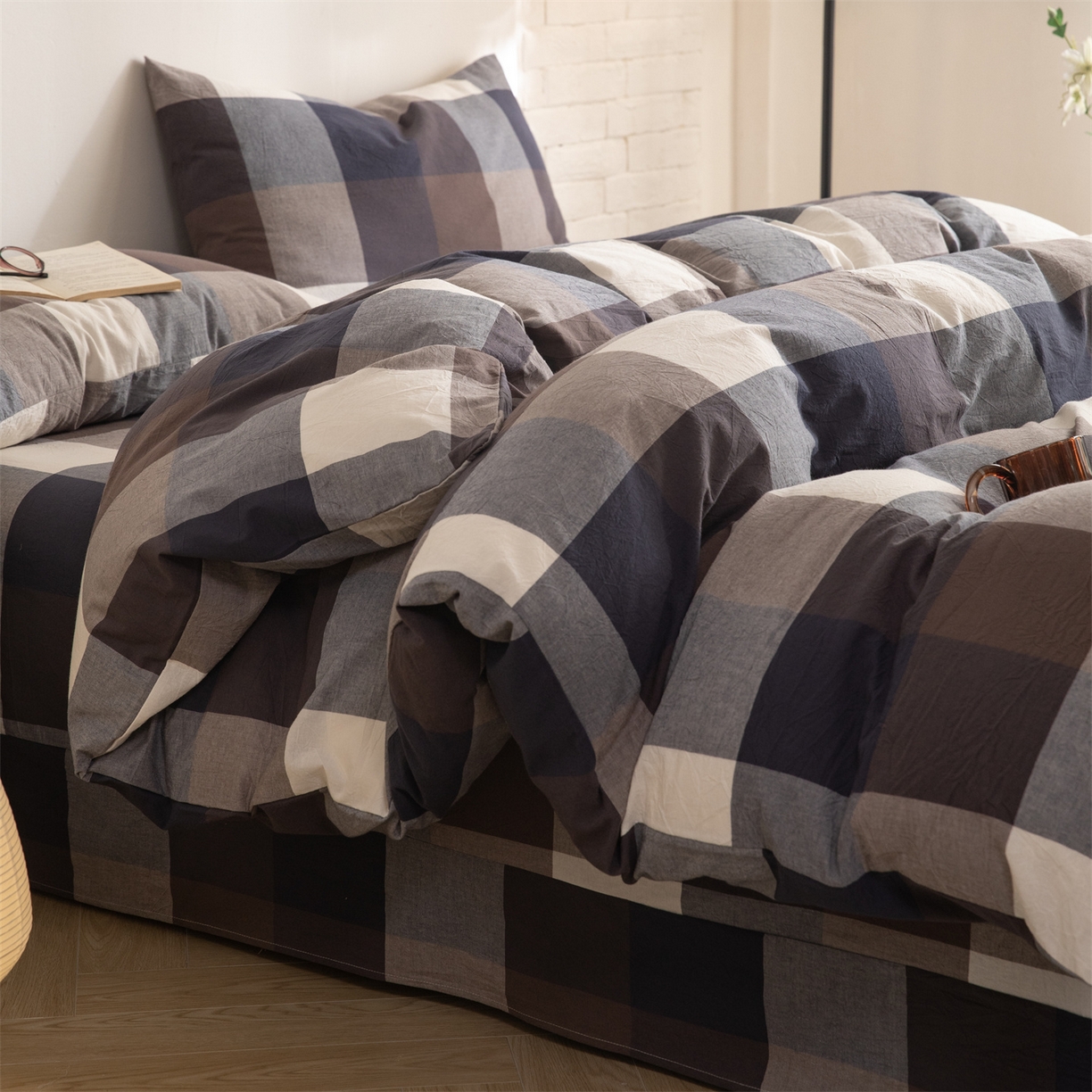 91家纺网 家纺一手货源 找家纺 棉小二 2026新款全棉色织水洗棉四件套-暮色格韵 暮色格韵蓝-千鸟格灰