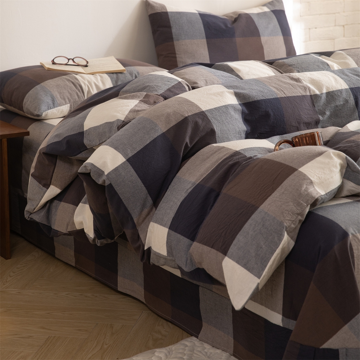 91家纺网 家纺一手货源 找家纺 棉小二 2026新款全棉色织水洗棉四件套-暮色格韵 暮色格韵蓝-千鸟格灰