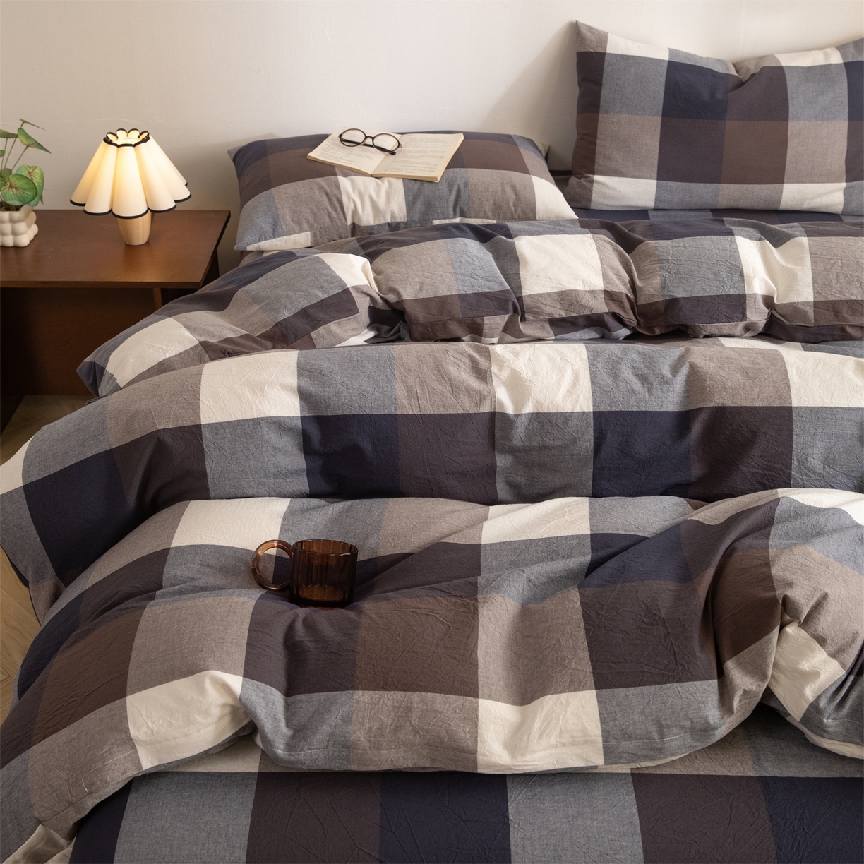 91家纺网 家纺一手货源 找家纺 棉小二 2026新款全棉色织水洗棉四件套-暮色格韵 暮色格韵蓝-千鸟格灰