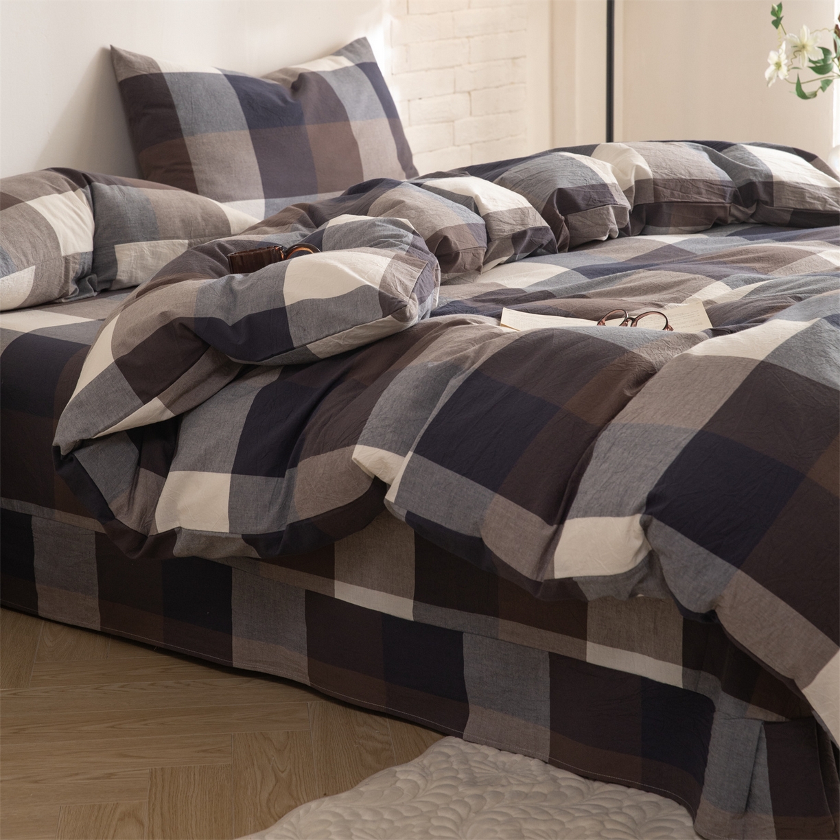 91家纺网 家纺一手货源 找家纺 棉小二 2026新款全棉色织水洗棉四件套-暮色格韵 暮色格韵蓝-千鸟格灰