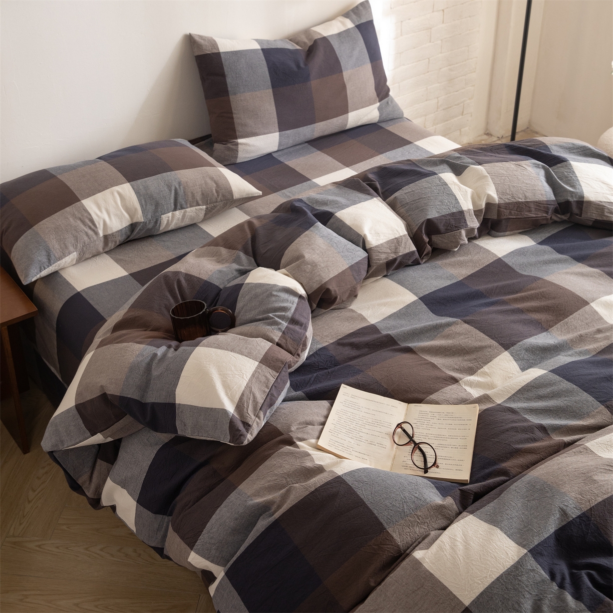 91家纺网 家纺一手货源 找家纺 棉小二 2026新款全棉色织水洗棉四件套-暮色格韵 暮色格韵蓝-千鸟格灰