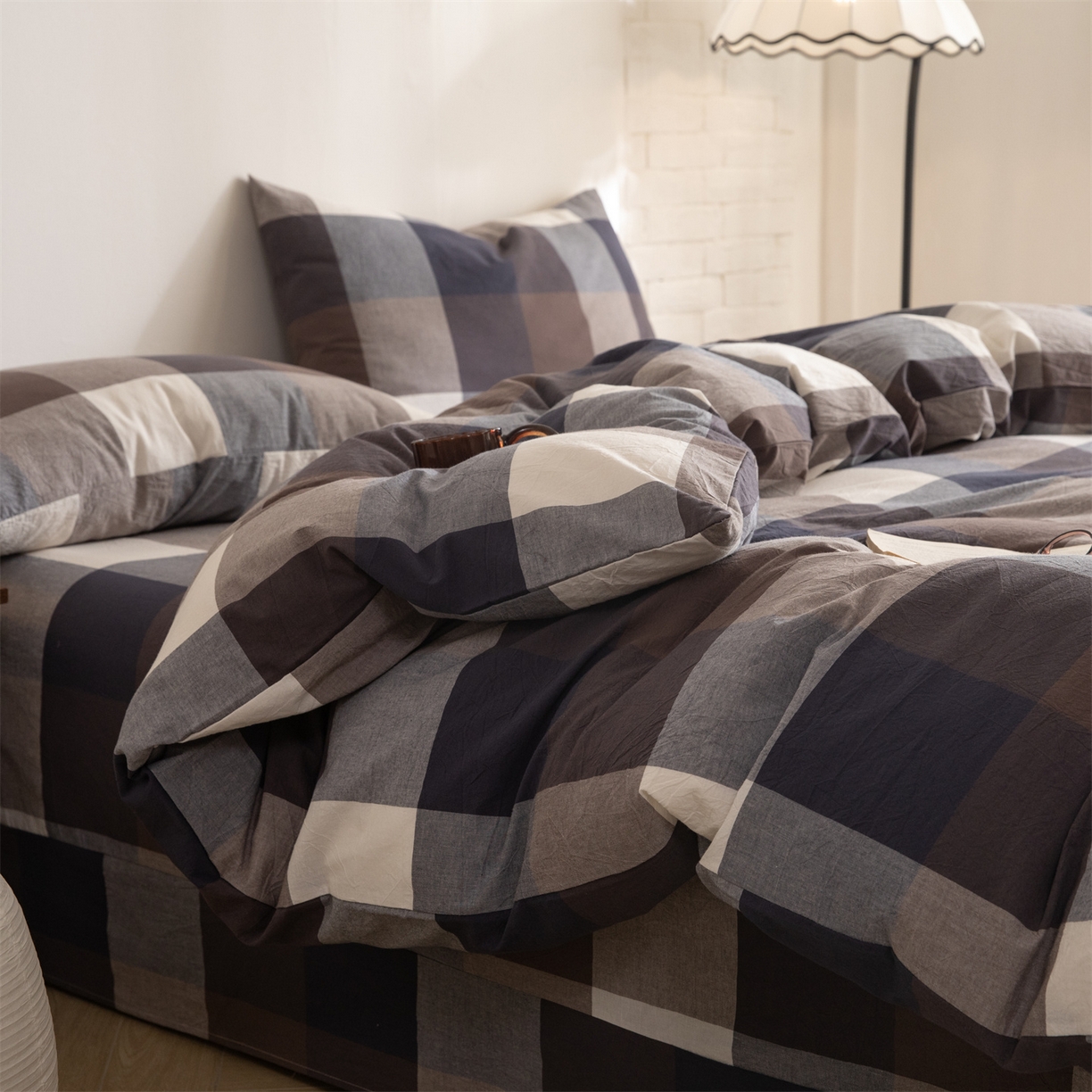 91家纺网 家纺一手货源 找家纺 棉小二 2026新款全棉色织水洗棉四件套-暮色格韵 暮色格韵蓝-千鸟格灰