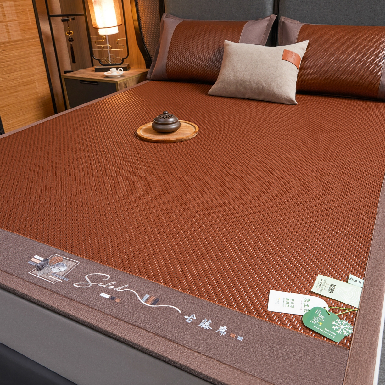 91家纺网 家纺一手货源 找家纺 （总）森璐家纺 2026新款高级刺绣复合PE藤席单藤席好品质PE藤席凉席席子三件套