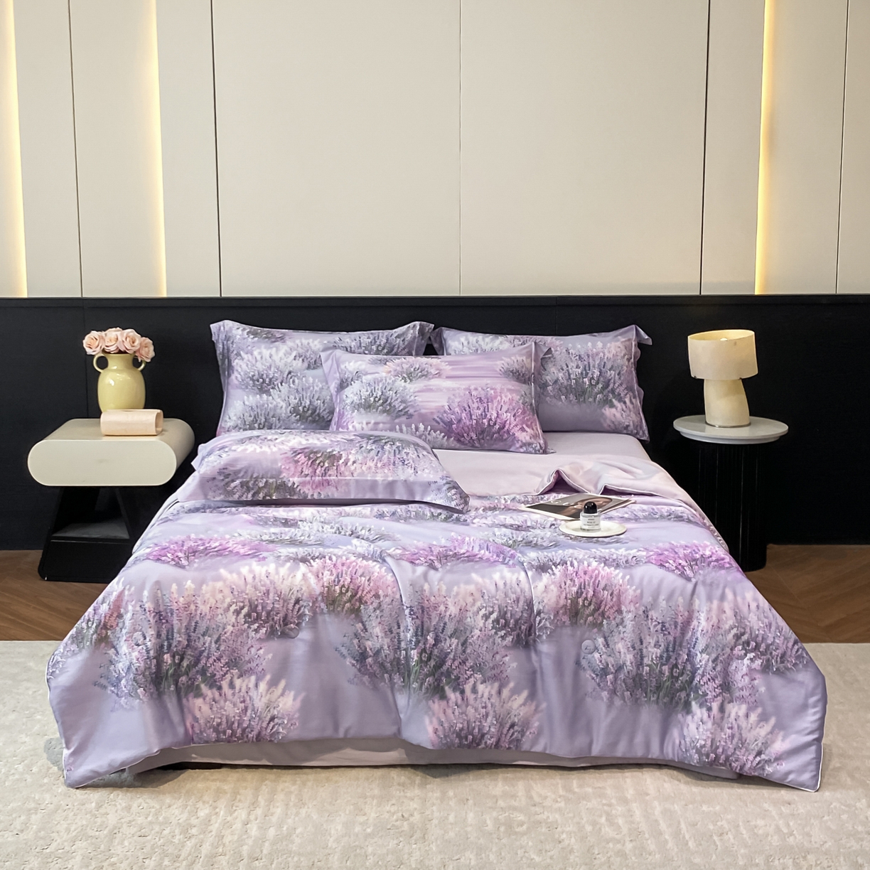 91家纺网 家纺一手货源 找家纺 （总）新方向 2026数码印花A类20%蚕丝天丝棉夏被四件套 65%60s兰精天丝 35%100支长绒棉-薰衣草