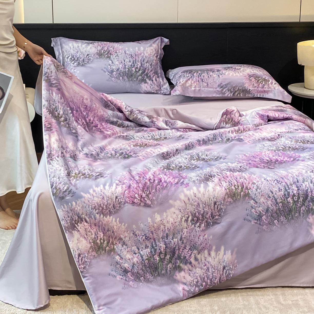 91家纺网 家纺一手货源 找家纺 （总）新方向 2026数码印花A类20%蚕丝天丝棉夏被四件套 65%60s兰精天丝 35%100支长绒棉-薰衣草