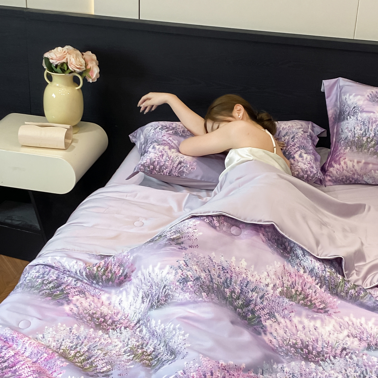 91家纺网 家纺一手货源 找家纺 （总）新方向 2026数码印花A类20%蚕丝天丝棉夏被四件套 65%60s兰精天丝 35%100支长绒棉-薰衣草