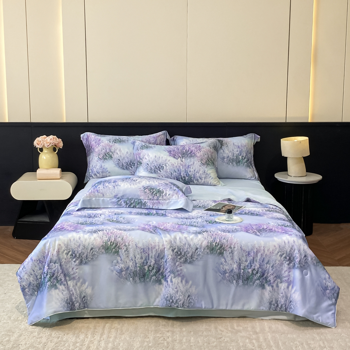 91家纺网 家纺一手货源 找家纺 新方向 2026新款数码印花A类20%蚕丝天丝棉夏被四件套-薰衣草 薰衣草-微光蓝