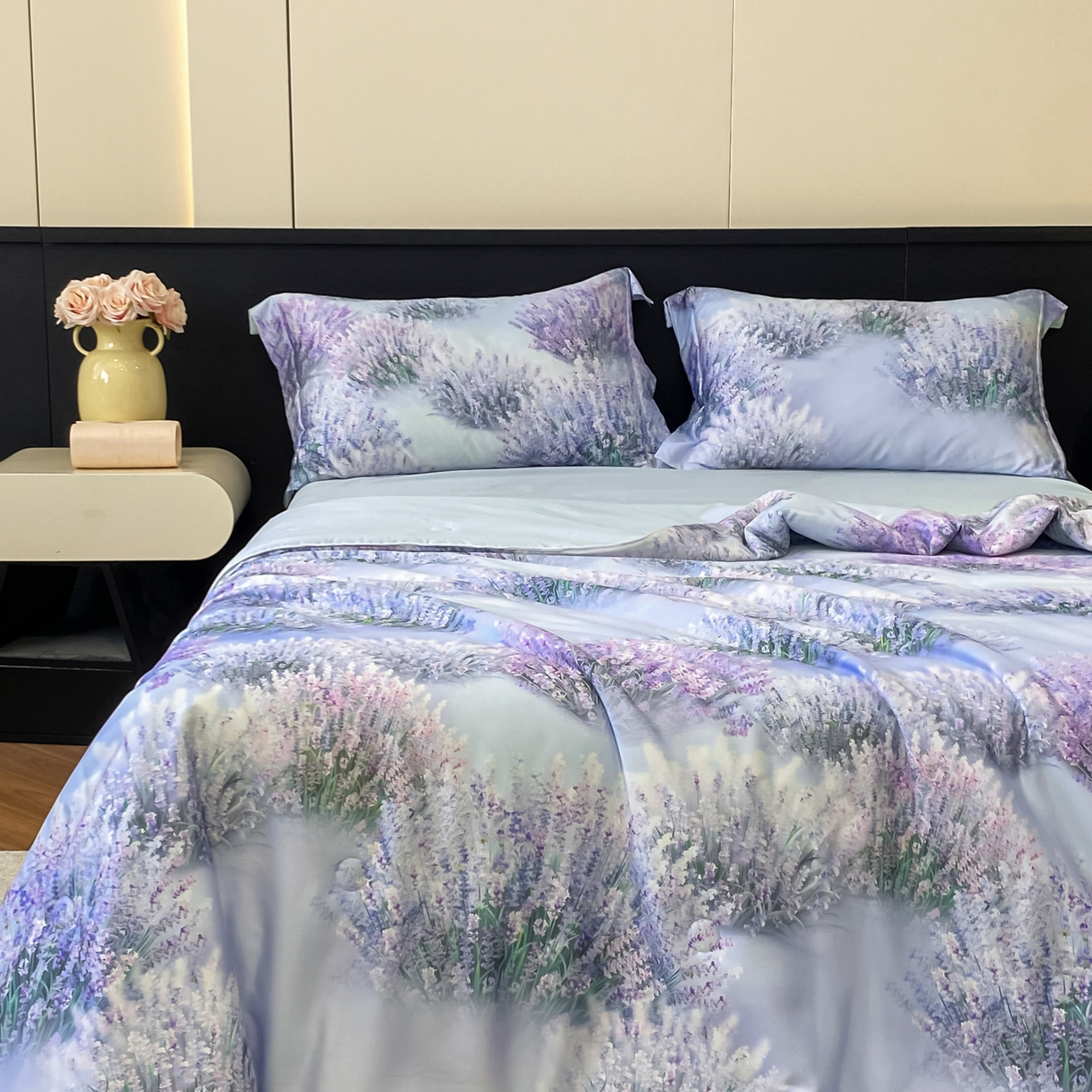 91家纺网 家纺一手货源 找家纺 新方向 2026新款数码印花A类20%蚕丝天丝棉夏被四件套-薰衣草 薰衣草-微光蓝