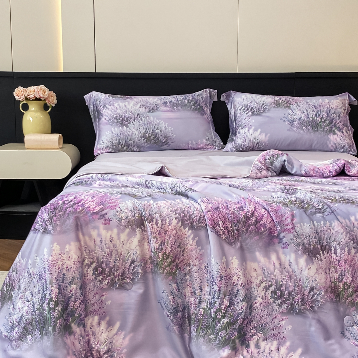91家纺网 家纺一手货源 找家纺 新方向 2026新款数码印花A类20%蚕丝天丝棉夏被四件套-薰衣草 薰衣草-莫奈紫