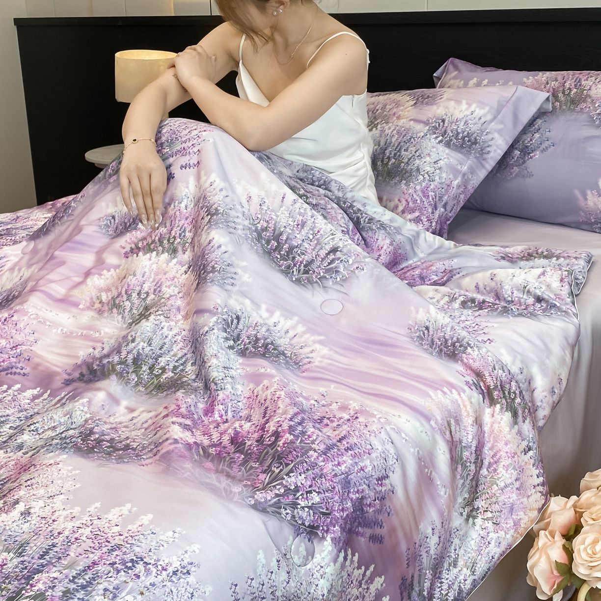91家纺网 家纺一手货源 找家纺 新方向 2026新款数码印花A类20%蚕丝天丝棉夏被四件套-薰衣草 薰衣草-莫奈紫