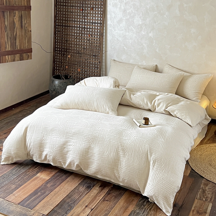 91家纺网 家纺一手货源 找家纺 乐家毛巾被（工厂自产自销） 2026新款棉麻提花四件套 棉麻-拱门