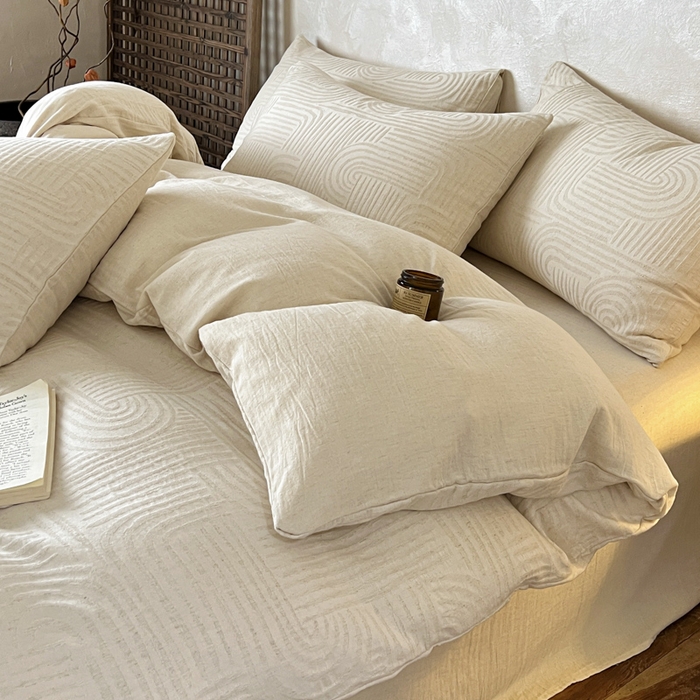 91家纺网 家纺一手货源 找家纺 乐家毛巾被（工厂自产自销） 2026新款棉麻提花四件套 棉麻-拱门