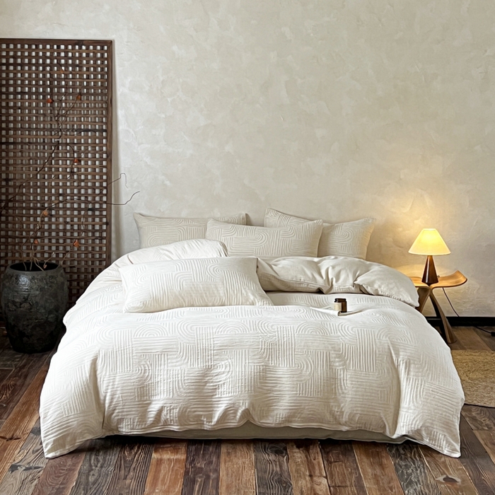 91家纺网 家纺一手货源 找家纺 乐家毛巾被（工厂自产自销） 2026新款棉麻提花四件套 棉麻-拱门