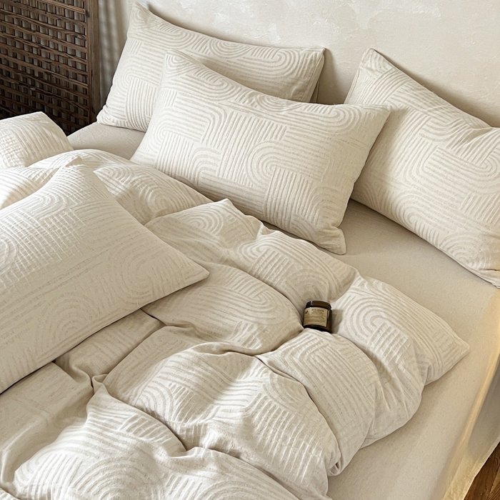 91家纺网 家纺一手货源 找家纺 乐家毛巾被（工厂自产自销） 2026新款棉麻提花四件套 棉麻-拱门