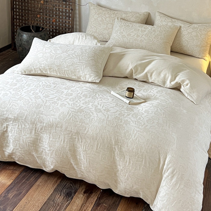 91家纺网 家纺一手货源 找家纺 乐家毛巾被（工厂自产自销） 2026新款棉麻提花四件套 棉麻-花见夏