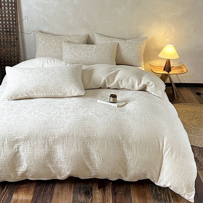 91家纺网 家纺一手货源 找家纺 乐家毛巾被（工厂自产自销） 2026新款棉麻提花四件套 棉麻-花见夏