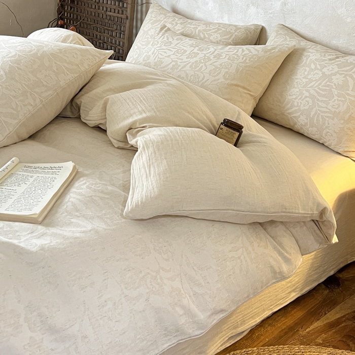 91家纺网 家纺一手货源 找家纺 乐家毛巾被（工厂自产自销） 2026新款棉麻提花四件套 棉麻-花见夏