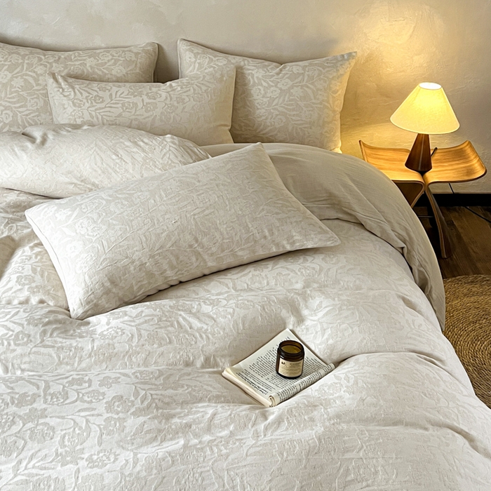 91家纺网 家纺一手货源 找家纺 乐家毛巾被（工厂自产自销） 2026新款棉麻提花四件套 棉麻-花见夏