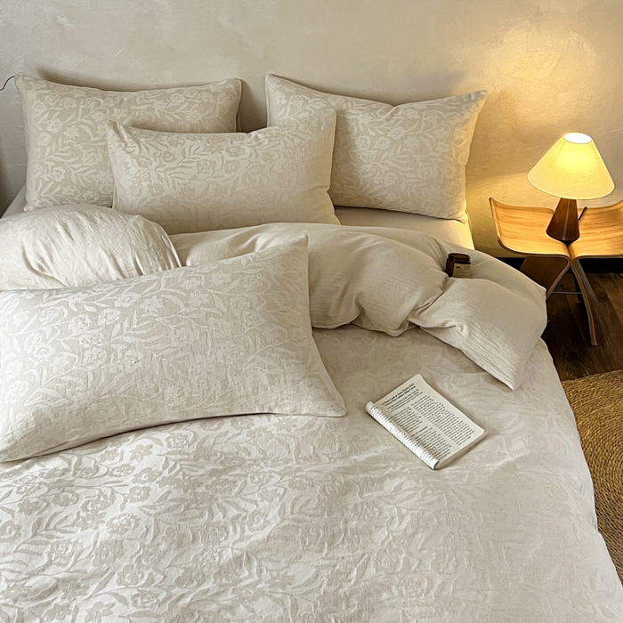 91家纺网 家纺一手货源 找家纺 乐家毛巾被（工厂自产自销） 2026新款棉麻提花四件套 棉麻-花见夏