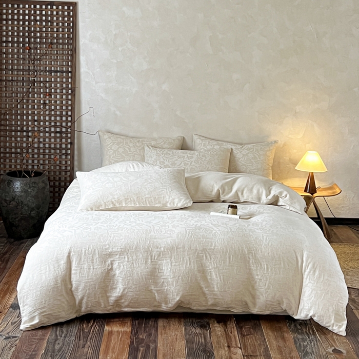 91家纺网 家纺一手货源 找家纺 乐家毛巾被（工厂自产自销） 2026新款棉麻提花四件套 棉麻-花见夏