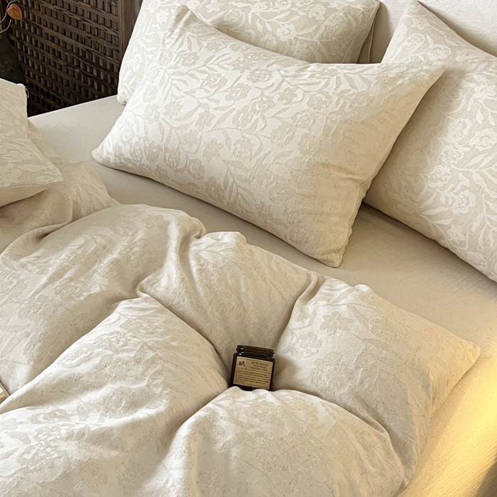 91家纺网 家纺一手货源 找家纺 乐家毛巾被（工厂自产自销） 2026新款棉麻提花四件套 棉麻-花见夏