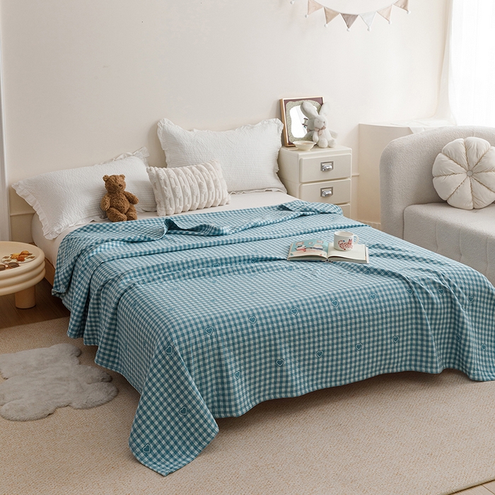 91家纺网 家纺一手货源 找家纺 悦然毛巾被 2026新款色织水洗棉盖毯安心棉床盖全棉纱布毛巾被夏被夏凉被空调被 蓝格心语