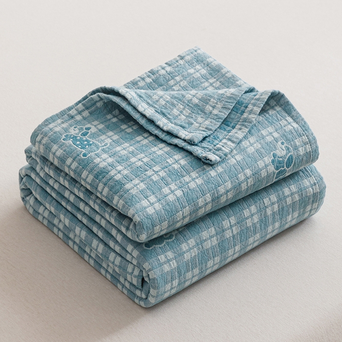 悦然毛巾被 2026新款色织水洗棉盖毯安心棉床盖全棉纱布毛巾被夏被夏凉被空调被 蓝格小狗