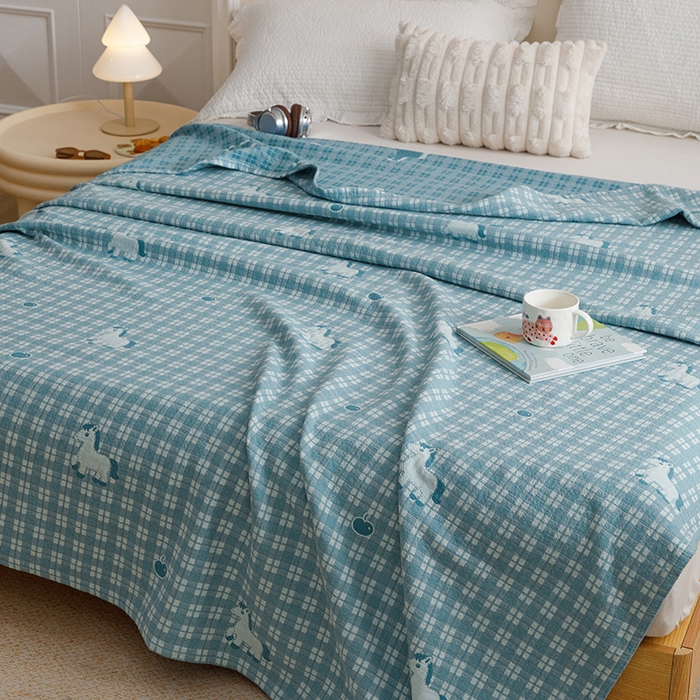 91家纺网 家纺一手货源 找家纺 悦然毛巾被 2026新款色织水洗棉盖毯安心棉床盖全棉纱布毛巾被夏被夏凉被空调被 蓝格萌马