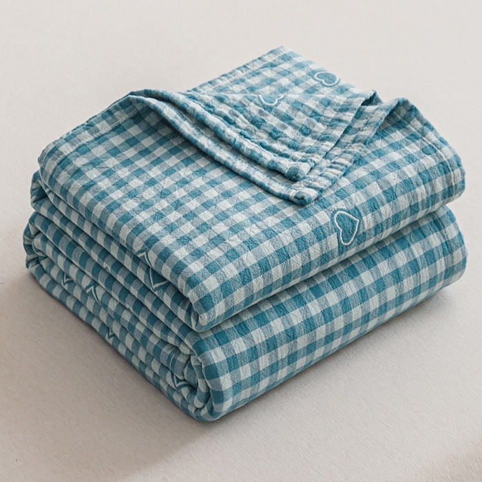 悦然毛巾被 2026新款色织水洗棉盖毯安心棉床盖全棉纱布毛巾被夏被夏凉被空调被 蓝格心语