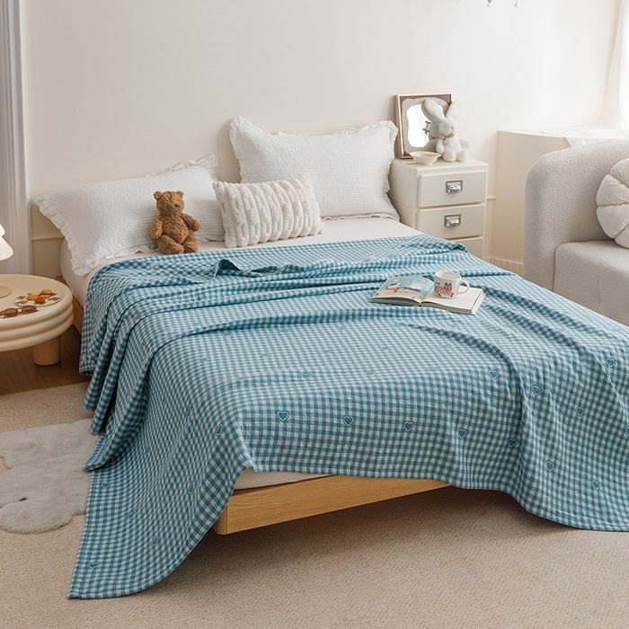 91家纺网 家纺一手货源 找家纺 悦然毛巾被 2026新款色织水洗棉盖毯安心棉床盖全棉纱布毛巾被夏被夏凉被空调被 蓝格心语