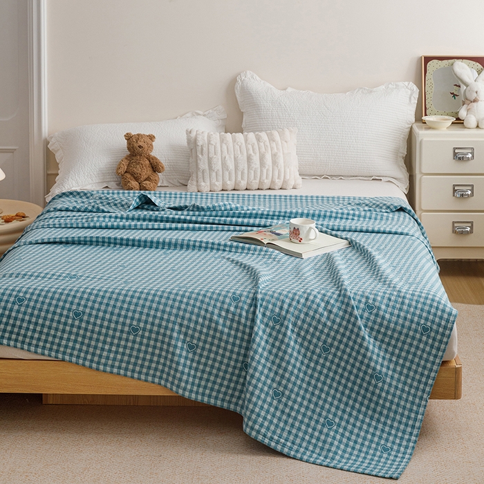 91家纺网 家纺一手货源 找家纺 悦然毛巾被 2026新款色织水洗棉盖毯安心棉床盖全棉纱布毛巾被夏被夏凉被空调被 蓝格心语