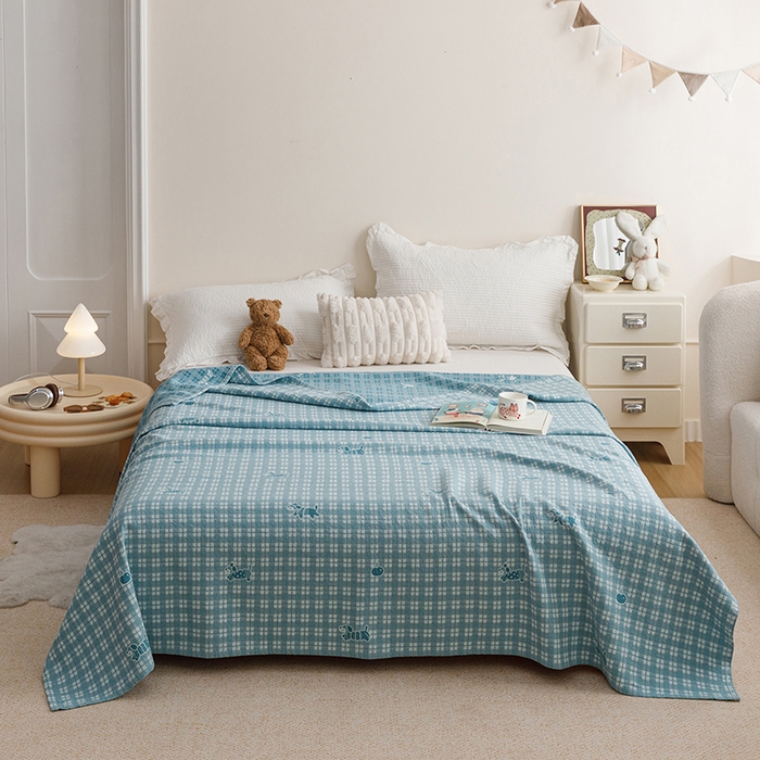 91家纺网 家纺一手货源 找家纺 悦然毛巾被 2026新款色织水洗棉盖毯安心棉床盖全棉纱布毛巾被夏被夏凉被空调被 蓝格小狗