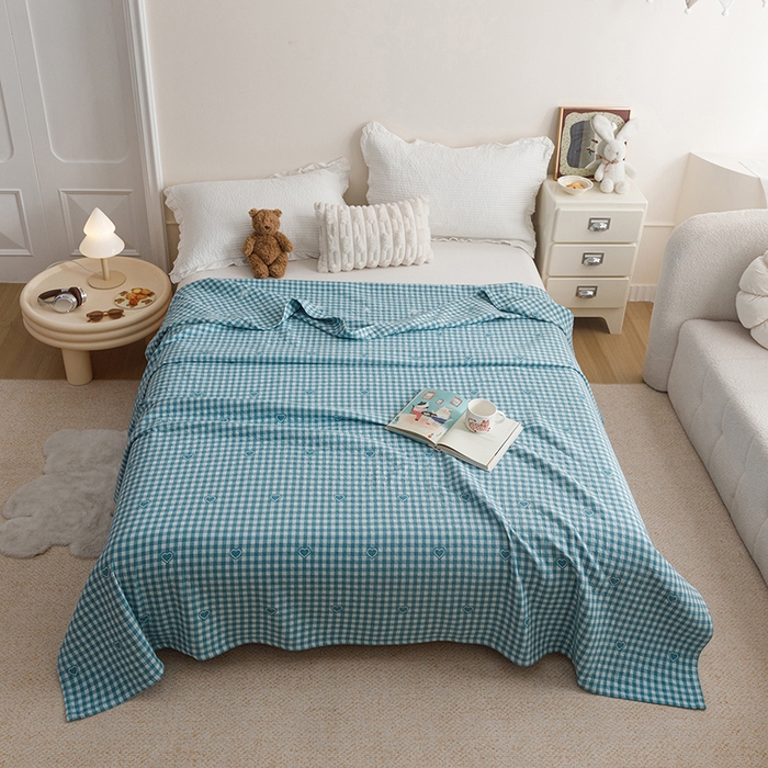 91家纺网 家纺一手货源 找家纺 悦然毛巾被 2026新款色织水洗棉盖毯安心棉床盖全棉纱布毛巾被夏被夏凉被空调被 蓝格心语