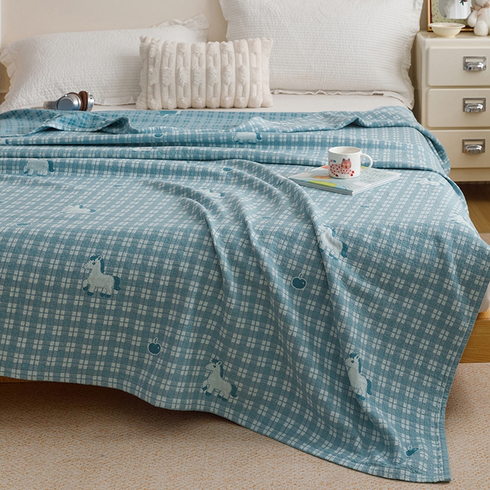 91家纺网 家纺一手货源 找家纺 悦然毛巾被 2026新款色织水洗棉盖毯安心棉床盖全棉纱布毛巾被夏被夏凉被空调被 蓝格萌马