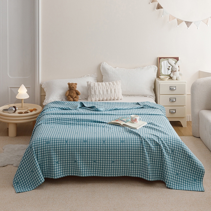 91家纺网 家纺一手货源 找家纺 悦然毛巾被 2026新款色织水洗棉盖毯安心棉床盖全棉纱布毛巾被夏被夏凉被空调被 蓝格心语