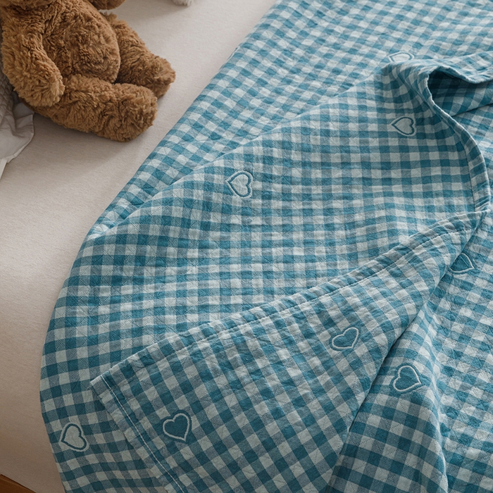 91家纺网 家纺一手货源 找家纺 悦然毛巾被 2026新款色织水洗棉盖毯安心棉床盖全棉纱布毛巾被夏被夏凉被空调被 蓝格心语