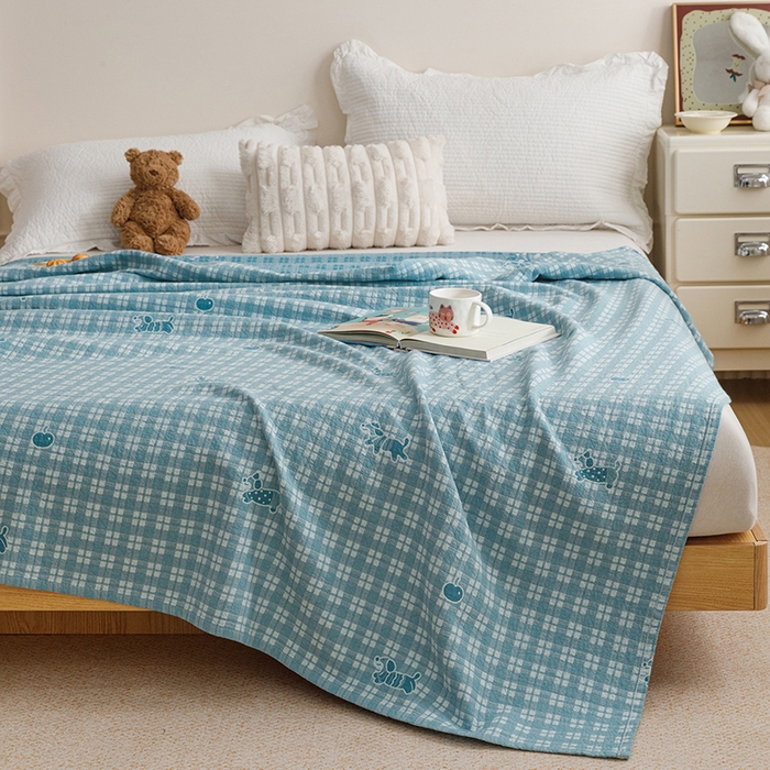 91家纺网 家纺一手货源 找家纺 悦然毛巾被 2026新款色织水洗棉盖毯安心棉床盖全棉纱布毛巾被夏被夏凉被空调被 蓝格小狗