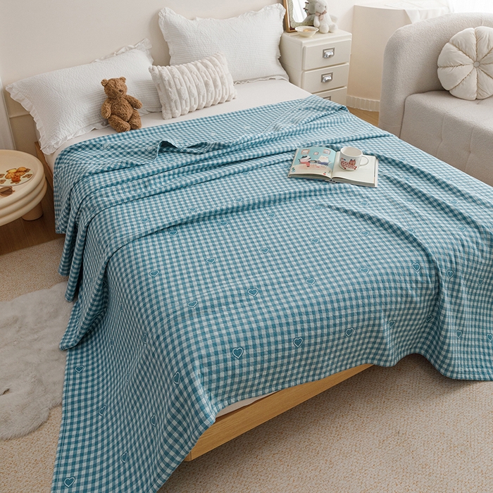 91家纺网 家纺一手货源 找家纺 悦然毛巾被 2026新款色织水洗棉盖毯安心棉床盖全棉纱布毛巾被夏被夏凉被空调被 蓝格心语