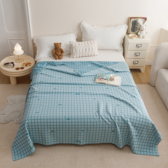 91家纺网 家纺一手货源 找家纺 悦然毛巾被 2026新款色织水洗棉盖毯安心棉床盖全棉纱布毛巾被夏被夏凉被空调被 蓝格小狗