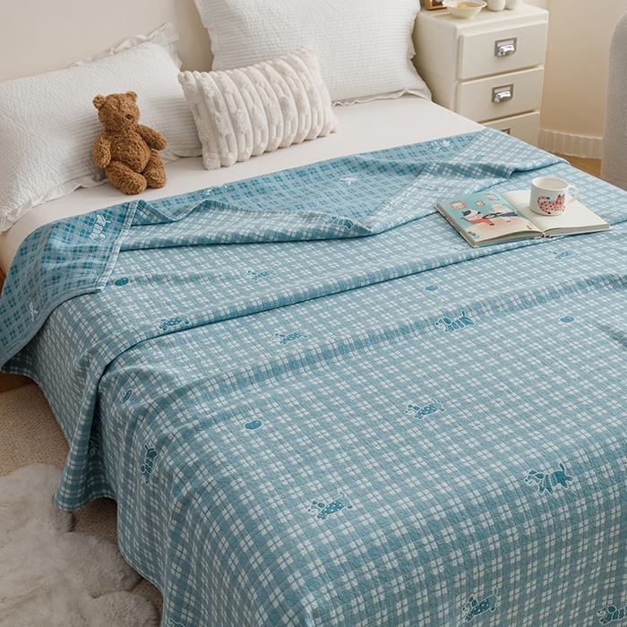 91家纺网 家纺一手货源 找家纺 悦然毛巾被 2026新款色织水洗棉盖毯安心棉床盖全棉纱布毛巾被夏被夏凉被空调被 蓝格小狗