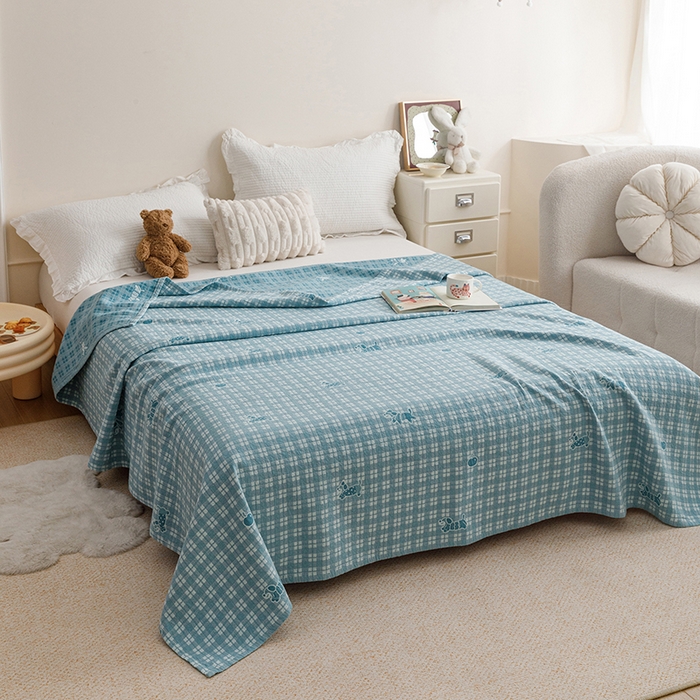 91家纺网 家纺一手货源 找家纺 悦然毛巾被 2026新款色织水洗棉盖毯安心棉床盖全棉纱布毛巾被夏被夏凉被空调被 蓝格小狗