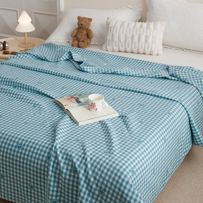 91家纺网 家纺一手货源 找家纺 悦然毛巾被 2026新款色织水洗棉盖毯安心棉床盖全棉纱布毛巾被夏被夏凉被空调被 蓝格心语